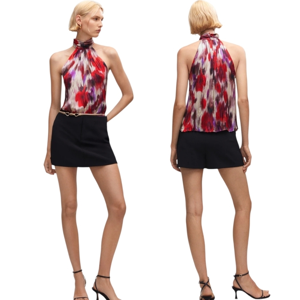 MNG Mango Pleated Halter Textured Blouse Keyhole Back NWT Size 4